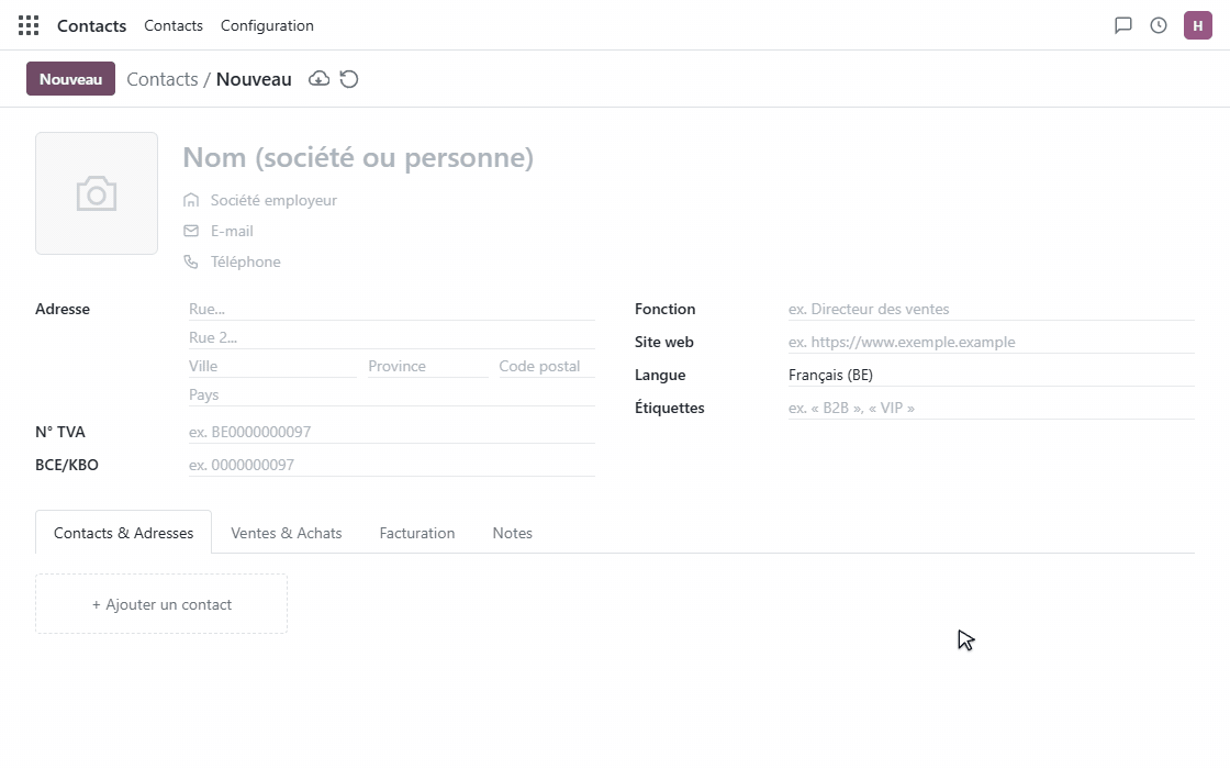 Demonstration in Odoo: a company picked from the contact name fills the form, then its Addrly Enrichment tab opens. Fictional company.